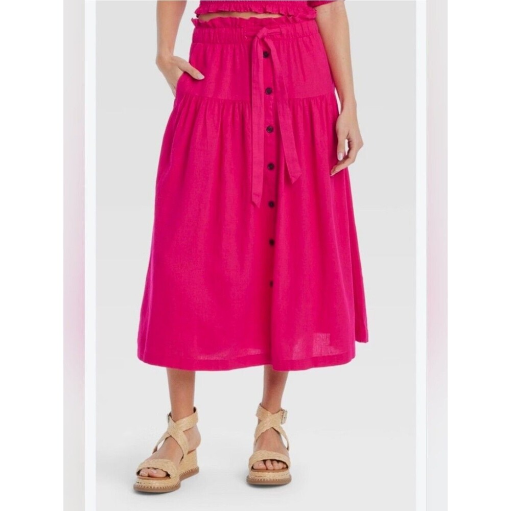 UNIVERSAL THREAD L Pink Linen Tie Waist Button Up Midi Skirt 2269-Q